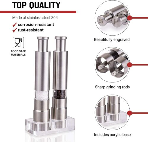 2 Pack Salt and Pepper Grinder Set with Stand Premium Stainless